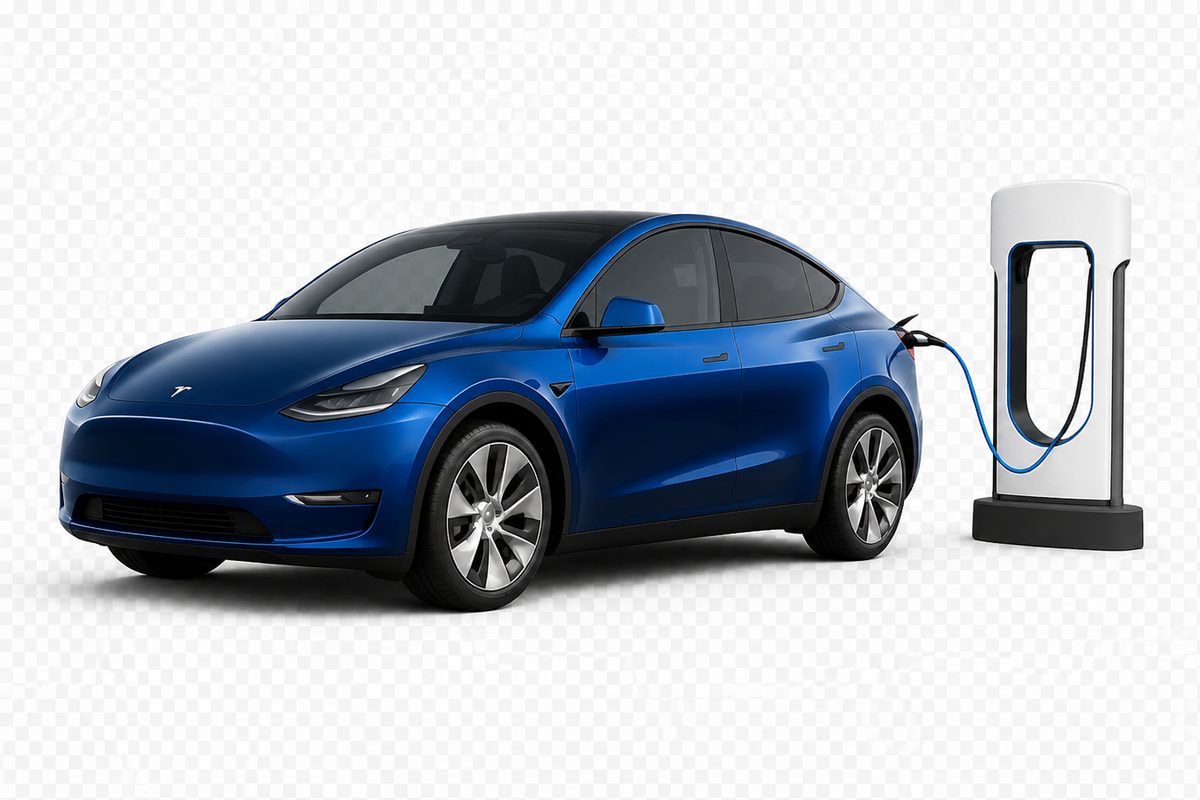 Blue Model Y connected to a charger